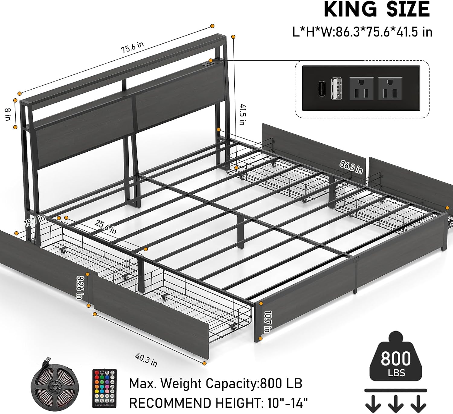 King Size Bed Frame with LED L - огляд і ціна King Size Bed Frame With Storage Drawers