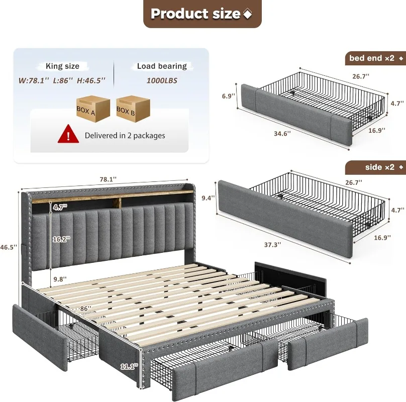 EnHomee Upholstered King Size  - огляд і ціна King Size Bed Frame With Storage Drawers
